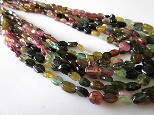 Multi Layered Tourmaline Necklace, Green Pink Tourmaline Smooth Oval Beads, 5mm To 9mm Each, 7 Strands 16 Inches