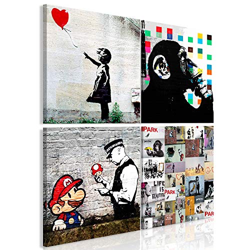 murando - Cuadro Banksy 80x80 cm- Impresion en Calidad fotografica - 1 Parte - Cuadro en Lienzo Tejido-no Tejido - Blanco Negro Mono Mario i-B-0057-b-a