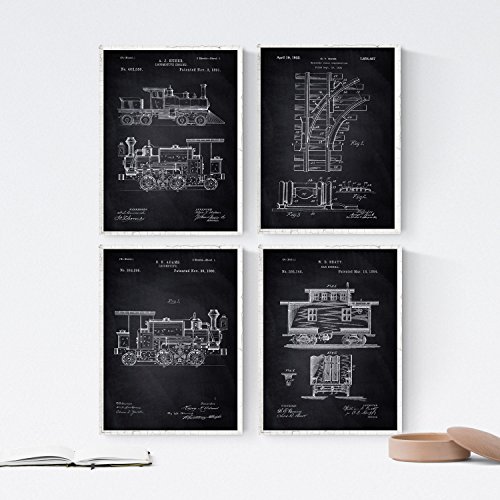 Nacnic Negro - Pack de 4 láminas con Patentes del Ferrocarril. Set de Posters con inventos y Patentes Antiguas