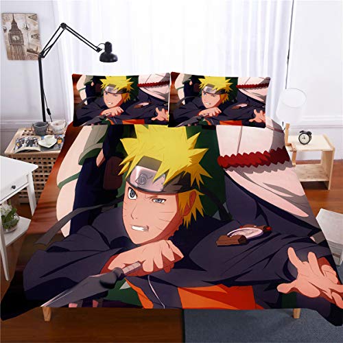 Naruto Funda Nórdica 3D Anime Naruto Uzumaki Impreso Juego de cama 3 Piezas Incluye 1 Funda Nórdica y 2 Fundas de Almohada, para niños y fanáticos del anime (01, doble 200 x 200 cm)