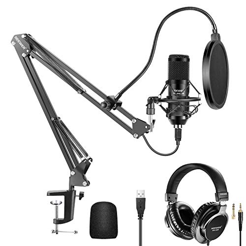 Neewer Kit Micrófono USB 192KHz / 24Bit Micrófono Condensador Cardioide Conecta y Reproduce con Auriculares con Monitor Tapa de Espuma Soporte para Brazo y Soporte de Choque para karaoke YouTube etc.