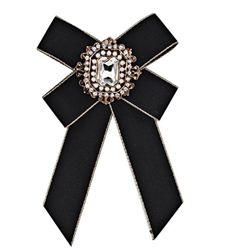 Nikgic Broche de lazo con incrustaciones de diamantes para mujer, broche preatado para el cuello, broche de corbata, joyería para mujeres y niñas, tamaño 15 x 11 cm (negro)