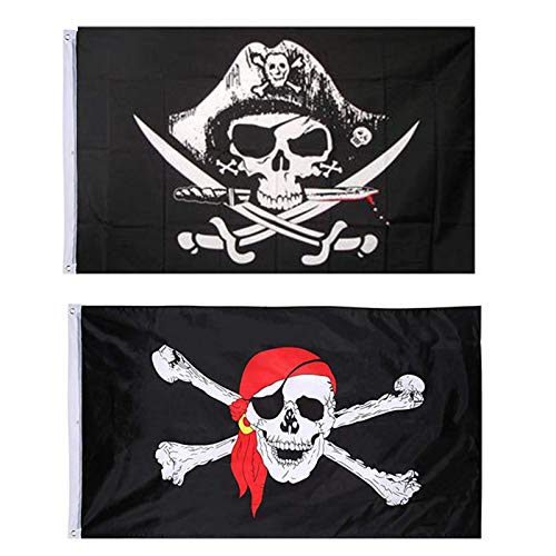 NININI 2 Piezas Bandera Pirata, Bandera del Cráneo, Bandera Pirata del Partido, Bandera Pirata Jolly Roger, para la Decoración de Halloween, Juego Pirata, Fiesta Pirata, Cosplay Pirata