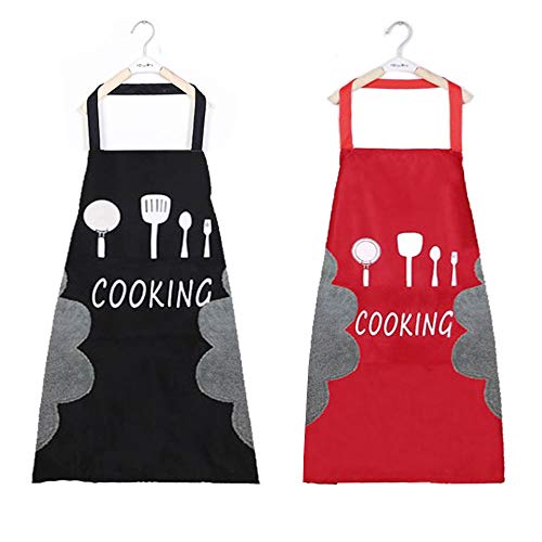 N/O Delantal de Cocina 2 Adorable Delantales de Cocina Delantal Suave Negro y Rojo con Bolsillos Impermeable y fácil de Limpiar Hecho de Tela Impermeable y Lana de Coral Unisex