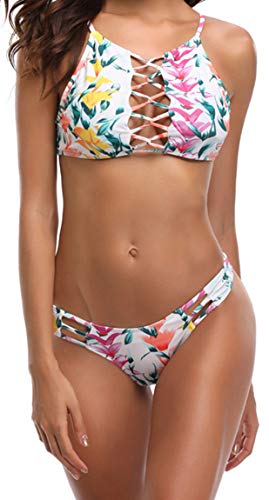Ocean Plus Mujer Conjunto de Bikini de Encaje Floral con Cuello Halter Corte de Ropa de Playa Correa Delantera Traje de Baño - Flower - Large