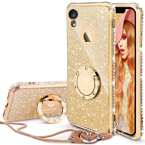 OCYCLONE Funda para iPhone XR, Cristal Rhinestone Glitter Bling TPU Bumper Brillante Diamante Protector Case con Soporte Ring Kickstand de 360 Grados Carcasa para iPhone XR - Oro