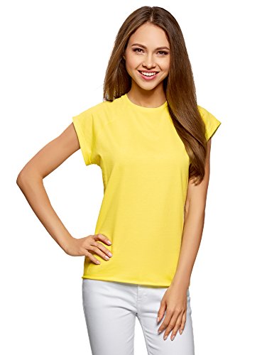oodji Ultra Mujer Camiseta de Algodón Básica, Amarillo, ES 40 / M