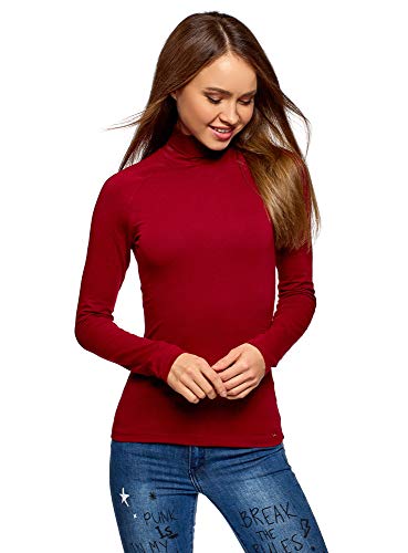 oodji Ultra Mujer Suéter Básico de Cuello Alto de Algodón, Rojo, ES 44 / XL