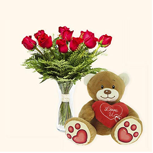 Pack Ramo de 12 rosas + Osito de Peluche Corazón - París - Ramo de flores naturales y Osito de peluche a domicilio - Envío a domicilio 24h GRATIS - Tarjeta dedicatoria de regalo