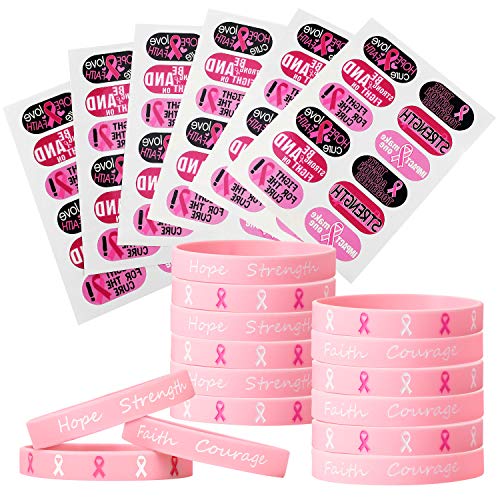Pegatinas de tatuaje de conciencia de cáncer de mama de 72 piezas Pulseras de cinta rosa de 48 piezas Pulsera de silicona