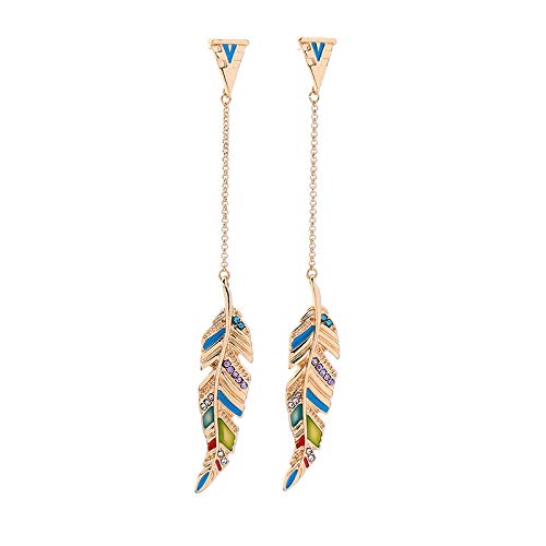 Pocahontas - Pendientes de gota de plumas de pájaro con esmalte azul, verde y rosa y detalle de cristal con acabado dorado grabado