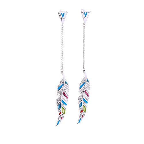 Pocahontas - Pendientes de gota de plumas de pájaro con esmalte azul, verde y rosa y detalle de cristal con acabado plateado grabado