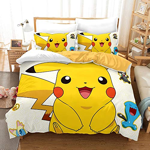 Pokemon funda nórdica 3D Anime Pikachu juego de cama para niños 3 piezas incluyen 1 funda nórdica y 2 fundas de almohada (P02, King 220 x 240 cm)