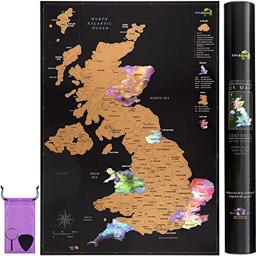Póster de mapa del Reino Unido con kit de accesorios y tubo de regalo – mapa de viaje del Reino Unido en acuarela nebulosa