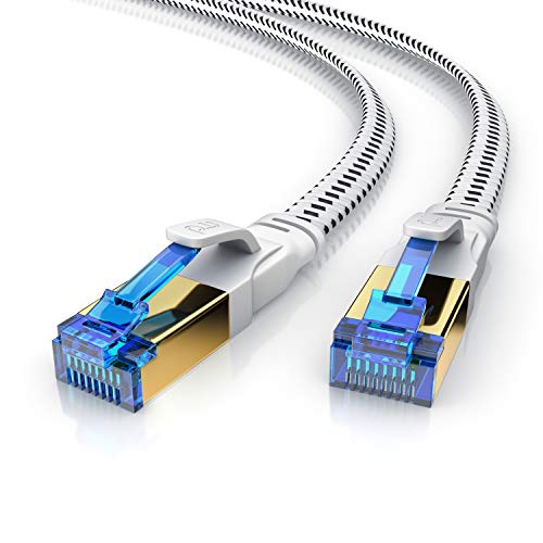 Primewire – 15m Cable de Red Cat 8 Plano - 40 Gbits - Cable Gigabit Ethernet LAN 40000 Mbits con Conector RJ 45 - Revestido de Tela - Blindaje U FTP Pimf - Compatible Switch Rúter Modem PC Smart-TV