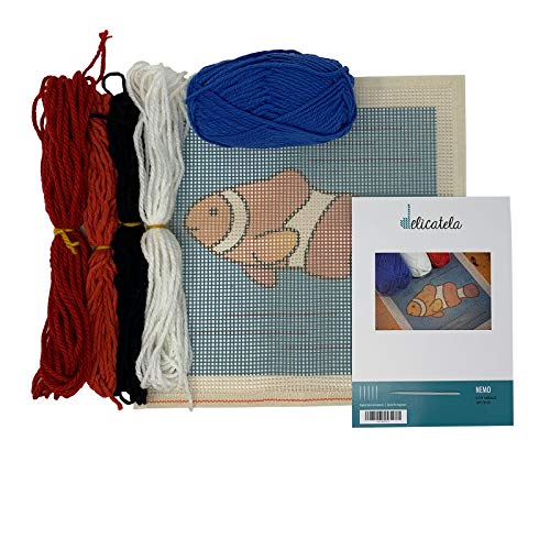 Punto de Cruz para niños | Kit de bordado en punto de cruz o medio punto | Cañamazo impreso 30 cm x 30 cm | Incluye lana y aguja de tapicería | de Delicatela (Nemo)