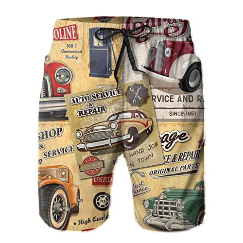 QUEMIN Summer Vintage Retro Car Mens Swimwear Trunks,Quick Dry Shorts Swim Bathing Suits with Mesh Lining,(Size L)