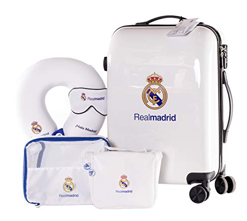 Real Madrid - Pack de Viaje Maleta y Accesorios - Producto Oficial del Equipo Temporada 19/20. Incluye Almohada Cervical, Organizador de Equipaje, Neceser, Antifaz y Etiqueta de Equipaje.