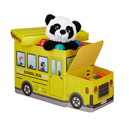 Relaxdays Baúl para juguetes, Taburete infantil plegable, Caja con compartimento, Para niños y niños, Forma de autobús, 50 L, Autobús escolar
