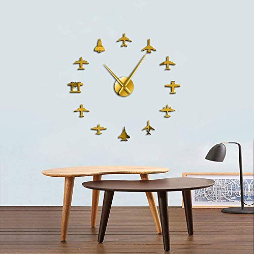 Reloj de pared DIY decoración de la pared avión piloto reloj de pared contemporáneo mudo cuarzo efecto espejo 3D DIY arte de la pared diseño moderno avión volador avión de combate 37 pulgadas oro