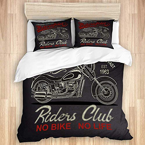 Riders Club No Bike No Life Motocicleta vintage Fast Antique Biker Classic Road Driver Dormitorio principal Decoración Microfibra cepillada 1 Funda nórdica 2 Fundas de almohada Cierre de cremallera