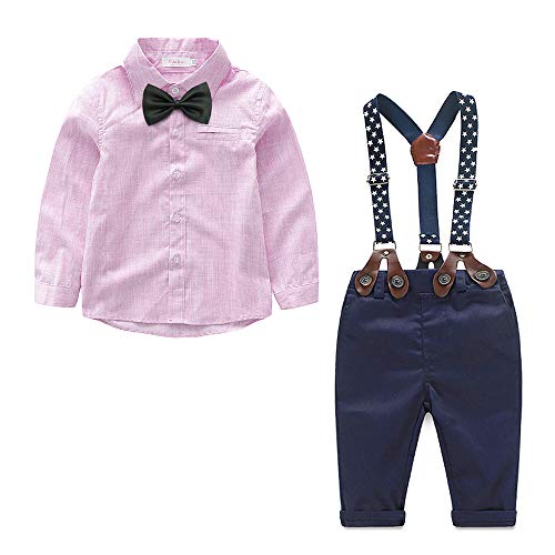 Ropa Bebe niño Conjuntos Rosa Camisas de Manga Larga+Pantalones+Pajarita+Correa 4 Piezas Ropa para Bautizo Ropa