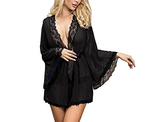 Ropa interior de gran tamaño, pijamas transparentes de tiras sexy, camisón de costura de encaje -muñeca interior del cordón atractivo (Color : Black, Size : X-Large)