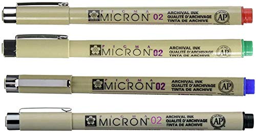 Sakura Pigma Micron 02 - Lote de 4 colores, rojo, verde, azul, negro, fabricado en Japan (Francia import)