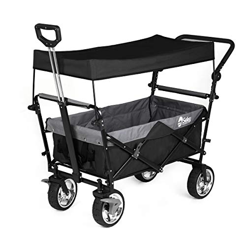 Sekey Carrito Plegable con Dosel Carro Transporte con Frenos Carro de Playa Carrito de Mano Carretilla de Transporte Carrito de jardín con Funda para el Transporte y Cubierta, Negro