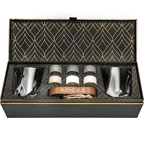 Set de Regalo de Piedras Refrigerantes para Whisky - 6 Piedras de Granito, Hechas a Mano - 2 Vasos de Cristal de Calidad Superior - Elegante Bandeja de Madera Noble - Caja de Regalo Adornada con Oro