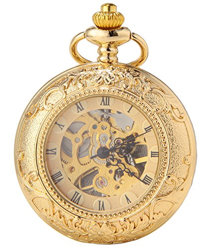 SEWOR Vestido Doble Abierta mecánico Mano Viento Reloj de Bolsillo + Banda Piel Caja de Regalo (Flor de Oro)