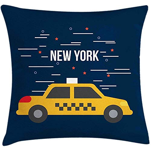 sherry-shop Funda de cojín de cojín de Taxi de Nueva York, ilustración de Cabina de la Ciudad de Nueva York diseñada con Letras y Estrellas, Azul Noche y Amarillo Tierra