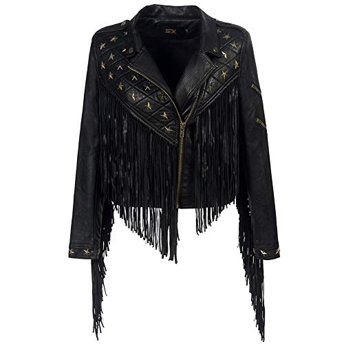 Sijux Mujeres Lady Black Punk Polo Collar con Flecos Remache De Cuero PU Chaqueta Corta Abrigo con Cremallera Famale Manga Larga Estilo Casual Outwear,Black,S Sijux Mujeres Lady Black Punk Polo Collar con Flecos Remache De Cuero PU Chaqueta Corta Abrigo con Cremallera Famale Manga Larga Estilo Casual Outwear,Black,S