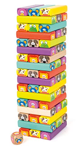 Small Foot 11973 Torre de Bloques Infantil de Madera, 52 piezas de juego con caras divertidas de animales
