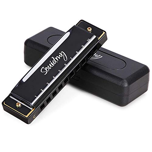 Souidmy Armonica Diatonica, Blues Harmonica, Con 10 Agujeros 20 Tonos, Mayor C, Estructura de Placa de 0,8mm, Cubierta de Acero Inoxidable, Para Niños y Principiantes (Color Negro)