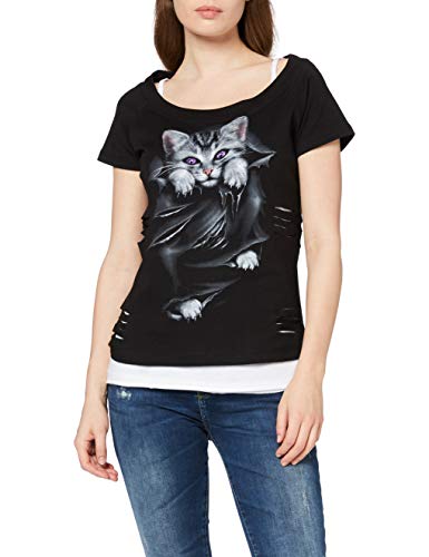 Spiral Direct Bright Eyes-2in1 White Ripped Top Black Camiseta, Negro (Black & White 008), 44 (Talla del Fabricante: Large) para Mujer