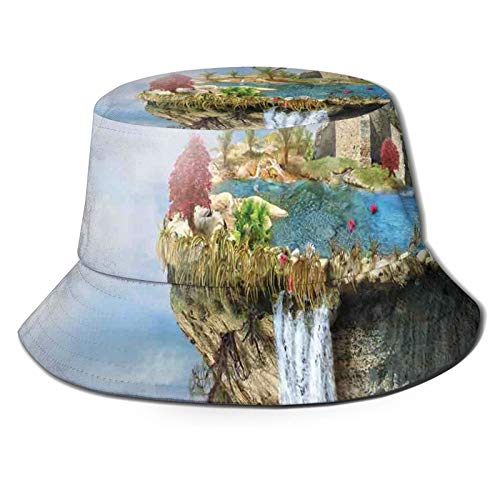 Sun Hat Bucket Type Men's and Women's Folding Fisherman's Hat,Island with Dragon Castle Tower Waterfall and Flipped Mountain Is Flying In Space,Beach Hat Sun Protection
