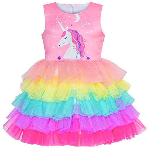 Sunny Fashion Vestido para niña Rosa Unicornio Volante Fruncido Arco Iris Pastel Falda 7 años