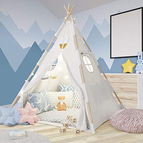 Tacobear Tipi Infantil Tipi Tienda Tipi Indio para Niños con Guirnalda de Luces Pluma Tienda Campaña Portátil Tienda Casa de Juegos para Interiores y Exteriores para Niños Niñas