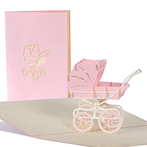 Tarjeta felicitacion bebe. Tarjetas 3d, tarjetas regalo emergentes para nacimiento bebe o cumpleaños bebe para niño. Invitaciones baby shower con carrito rosa, G13.3