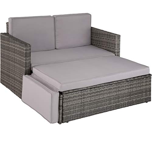 TecTake 800693 - Sofá de Ratán, Asiento Doble, Taburete con Reposapiés, Incl. Cojines Gruesos (Gris | No. 403125) TecTake 800693 - Sofá de Ratán, Asiento Doble, Taburete con Reposapiés, Incl. Cojines Gruesos (Gris | No. 403125)