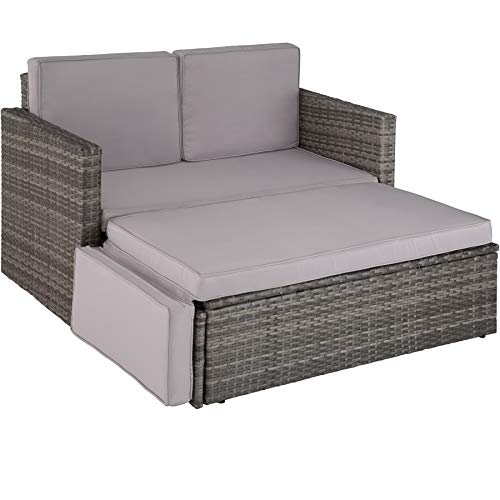 TecTake 800693 - Sofá de Ratán, Asiento Doble, Taburete con Reposapiés, Incl. Cojines Gruesos (Gris | No. 403125)