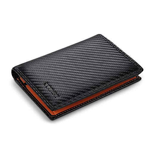 TEEHON Cartera Hombre, Cartera Vertical Cuero de Fibra de Carbono, con RIFD Protección, 13 Ranuras para Tarjetas, con Cremallera, Regalo para Hombre de Navidad, Cumpleaños etc.(Negro y Naranja)