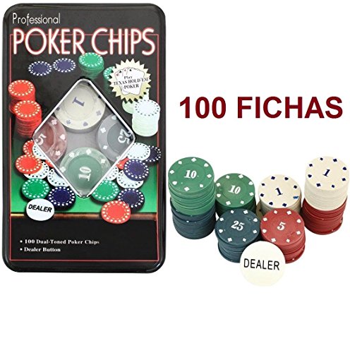 TEXAS HOLD*EM Juego de Poker 100 fichas numeradas con Caja + Ficha Dealer