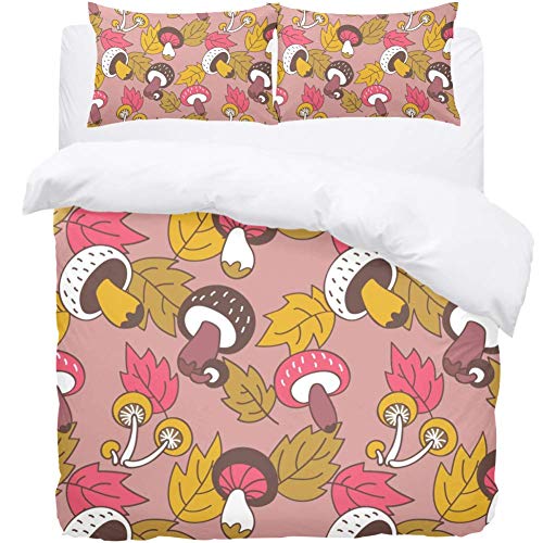 TIZORAX Double Bedding Duvet Cover Set - Autumn Maple Leaves Mushroom Pattern 3 Piece Microfiber Comforter Set Quilt Cover and 2 Pillow Shams for Men Women
