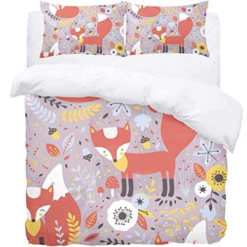 TIZORAX King Bedding Duvet Cover Set - Foxes With Mushroom Florals 3 Piece Microfiber Comforter Set Quilt Cover and 2 Pillow Shams for Men Women