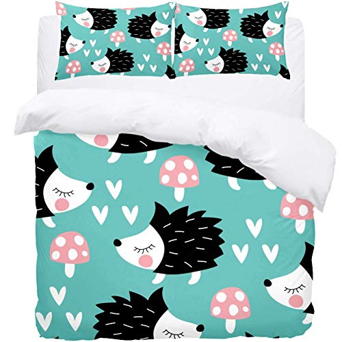 TIZORAX Queen Bedding Duvet Cover Set - Cute Hedgehog With Mushroom 3 Piece Microfiber Comforter Set Quilt Cover and 2 Pillow Shams for Men Women