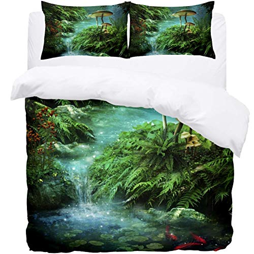 TIZORAX Single Bedding Duvet Cover Set - River With Pond, Red Fishes Mushroom 3 Piece Microfiber Comforter Set Quilt Cover and 2 Pillow Shams for Men Women