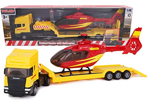 Toyland® - Transportador de superficie plana Scania con helicóptero - Escala 1:48 - Rueda libre - Juguetes para vehículos de transporte - Artículos coleccionables para vehículos - Juguetes para niños (Camión Amarillo / Helicóptero Rojo)