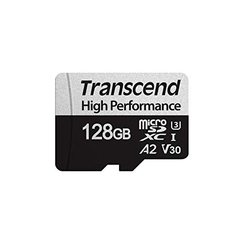 Transcend USD330S - Tarjeta microSD de 128GB, SDXC, Clase 10, U3, V30, A2 (Lectura hasta 100 MB/s, Escritura hasta 85 MB/s), Negro, Gris